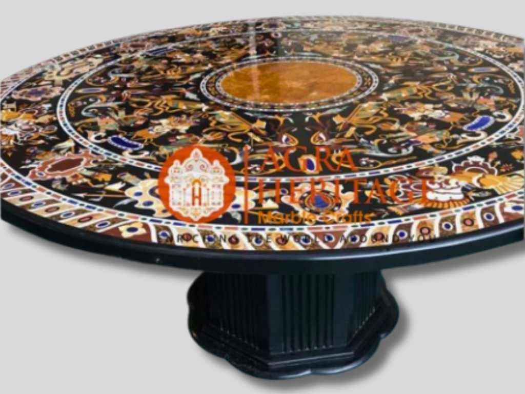 Marble Black Inlay Dining Table Top With 29" Tall Stand